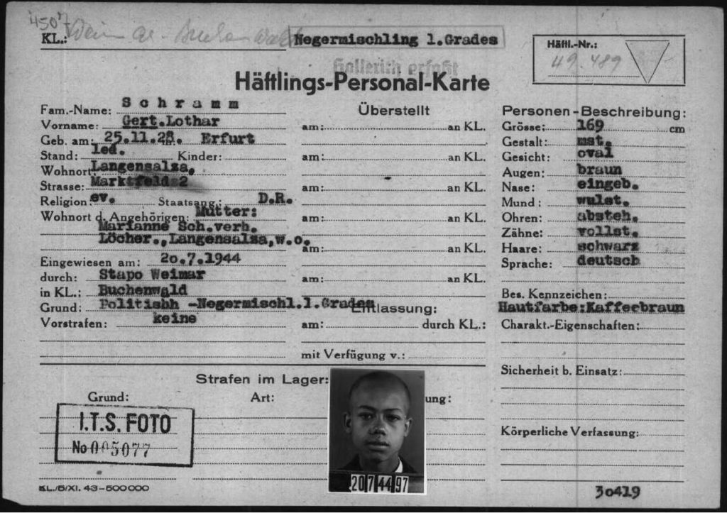 Gert Schramm Prisoner Registration Card. Courtesy of The Wiener Holocaust Library Collections, International Tracing Service Digital Archive, Document number 7058062#1 