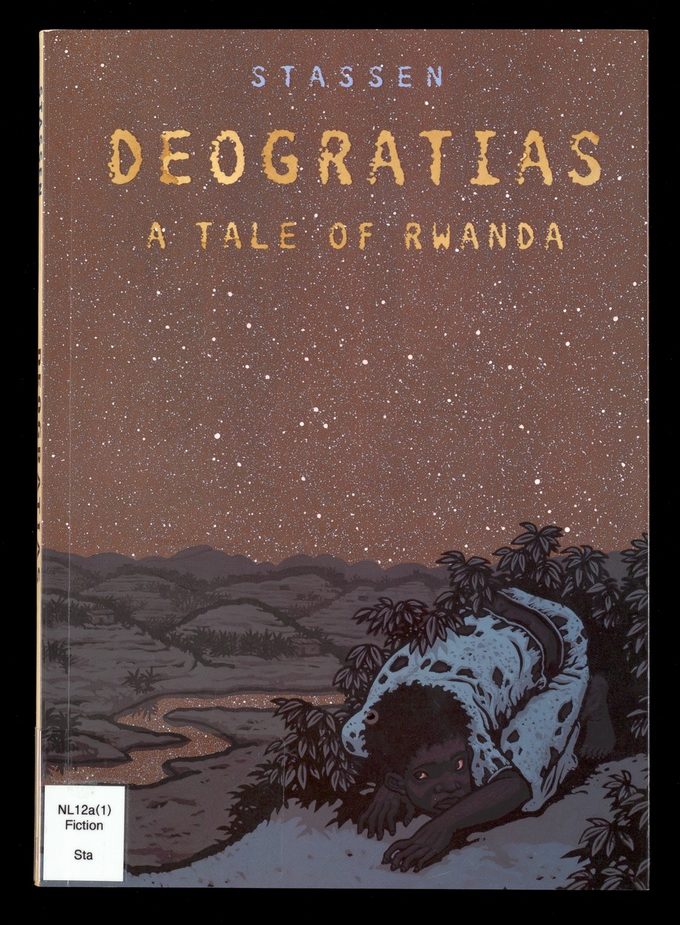 Cover of Deogratias: A Tale of Rwanda showing a small child crouching in the darkness