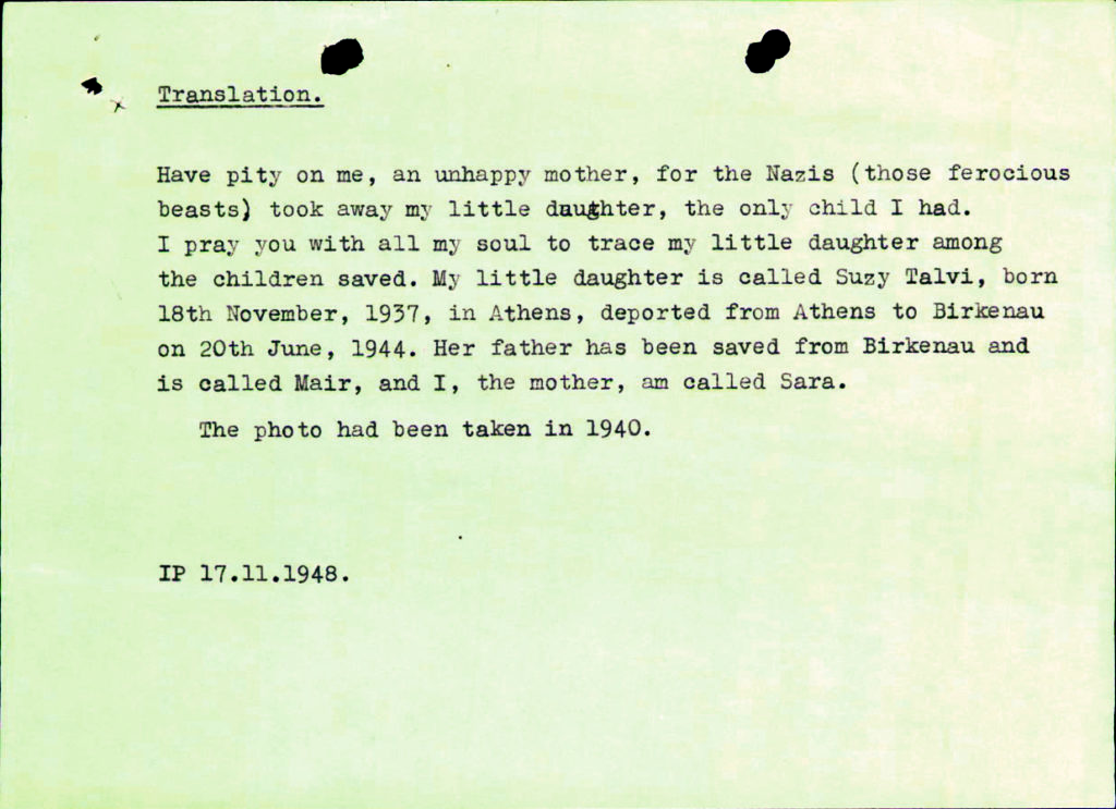 A copy of an original document about a mother searching for her daughter post-WWII