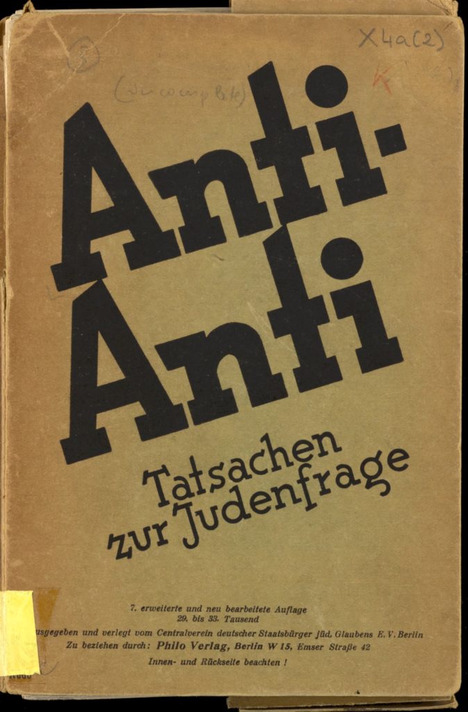 Anti- Anti: Tatsachen zur Judenfrage (Facts about the Jewish Question), a handbook to assist those fighting antisemtism, published by Büro Wilhelmstrasse, Berlin, c.1930